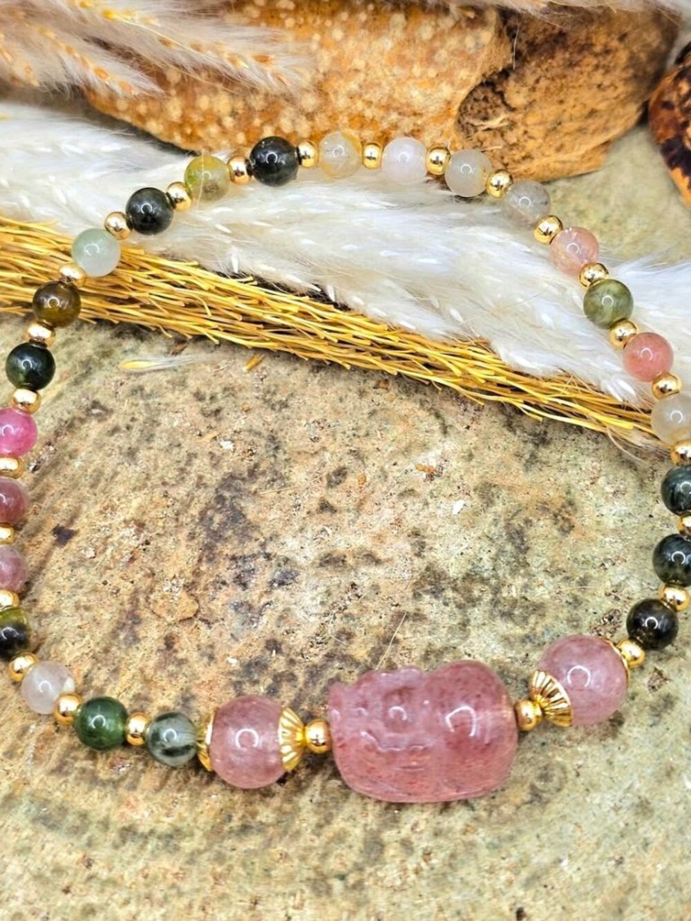 Natural Tourmaline Strawberry Quartz Pi Xiu Bracelet